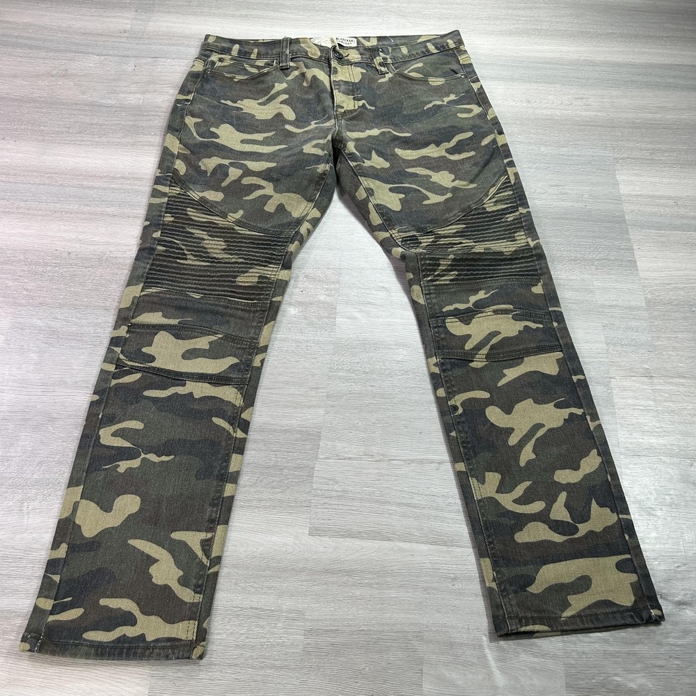 Bleecker & Mercer Slim Taper Fit Jeans Mens 36x32 Green Camo Biker Stretch Denim